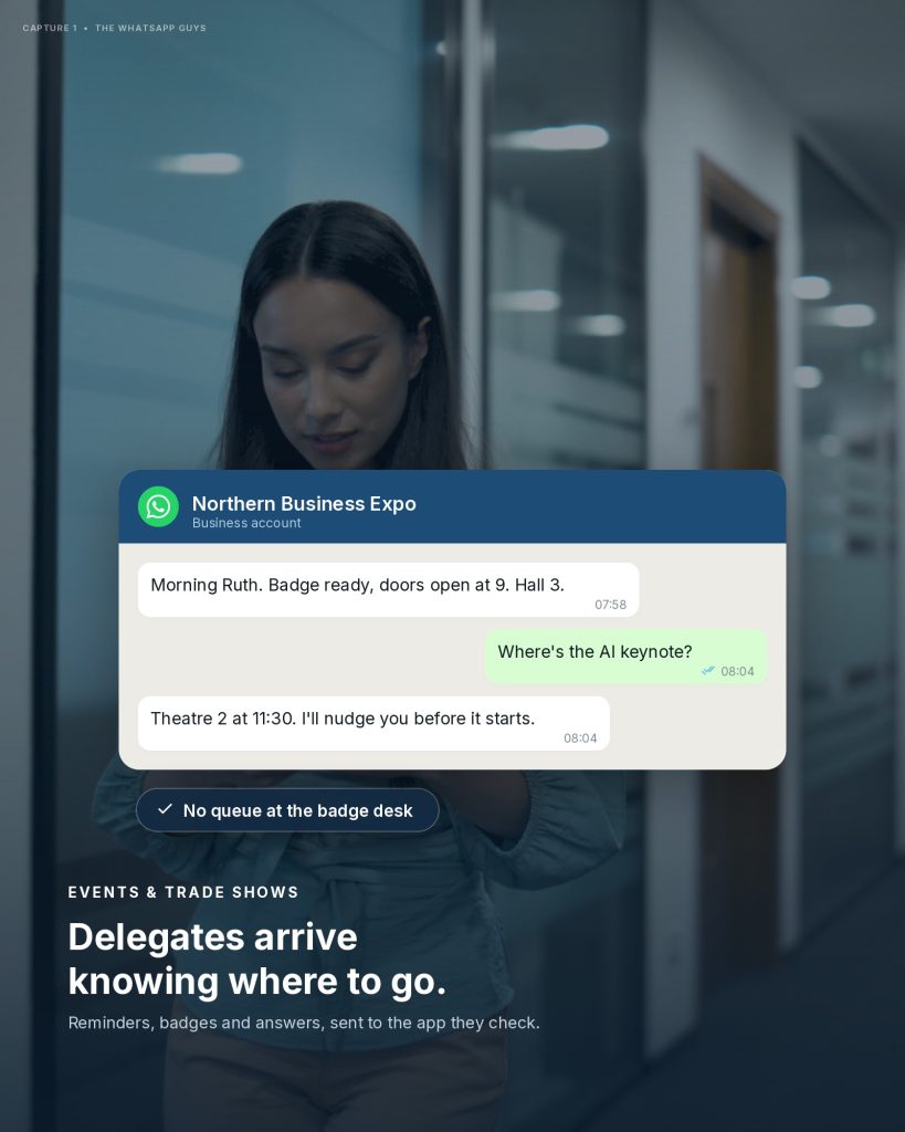 A delegate reading event information on WhatsApp before the doors open