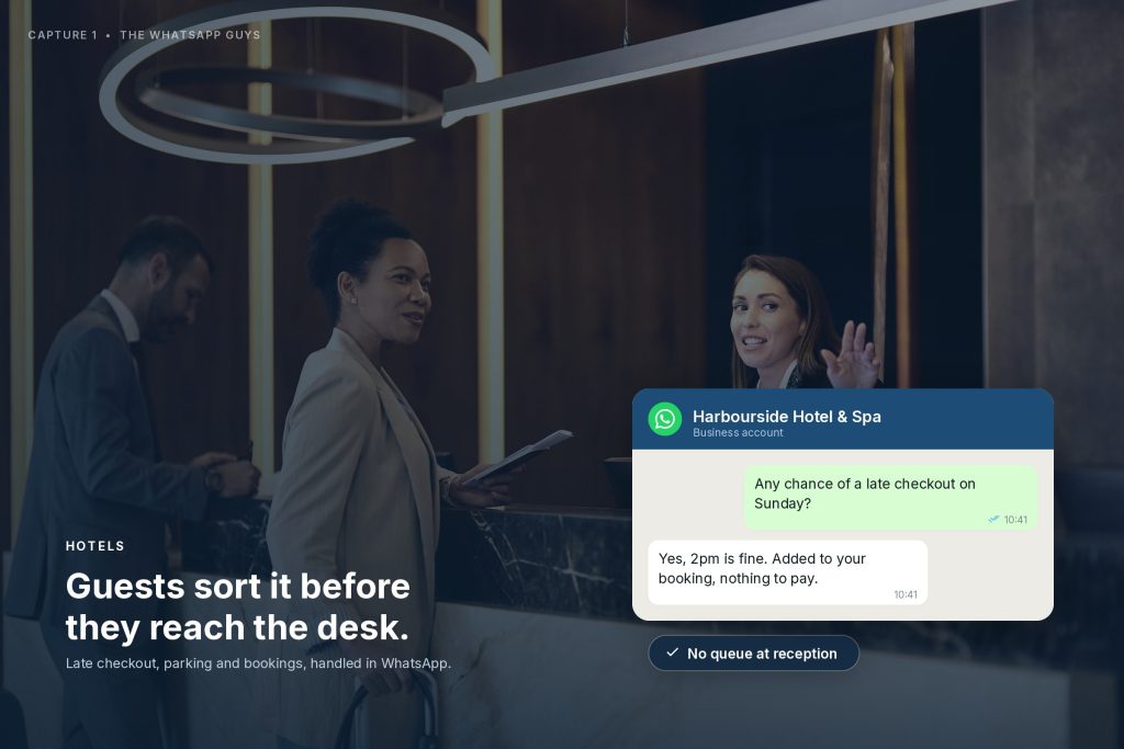 A hotel guest arranging late checkout on WhatsApp before reaching reception