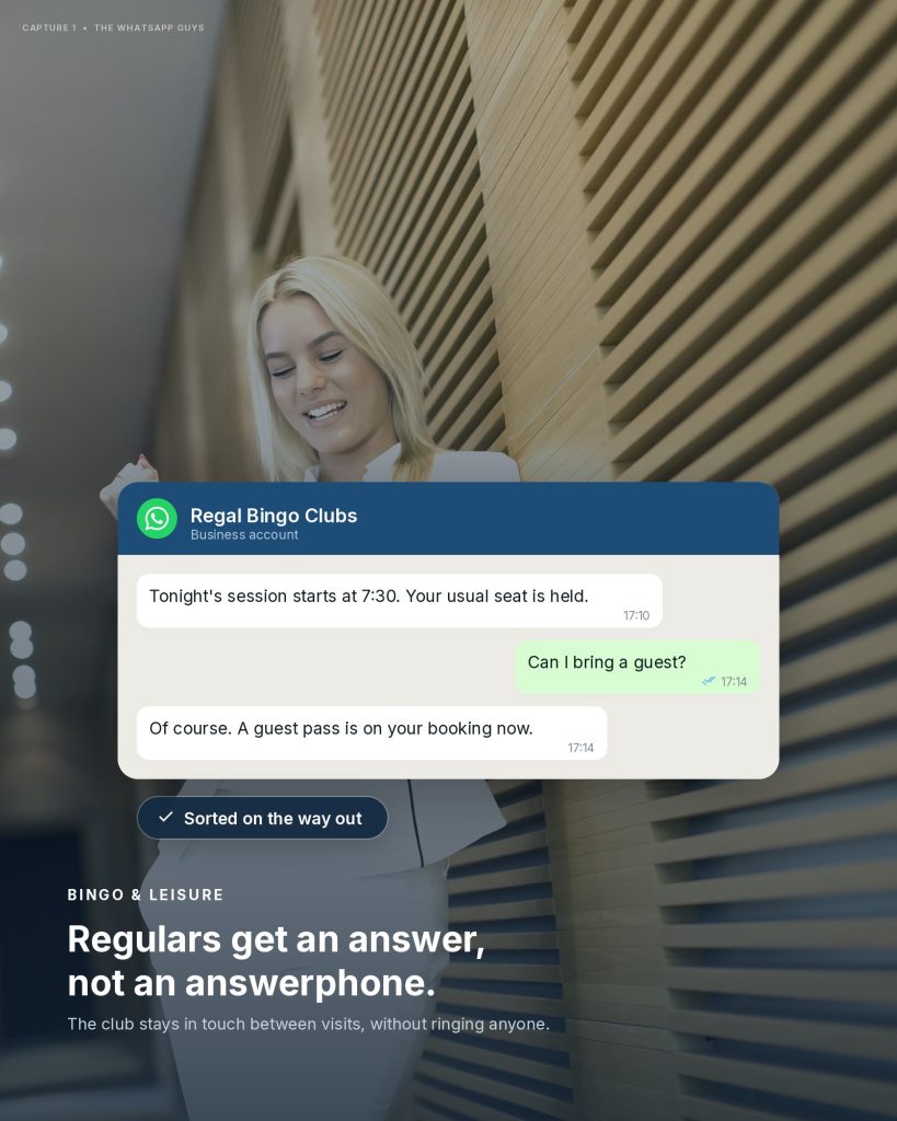 A bingo club regular getting a personal answer on WhatsApp instead of an answerphone