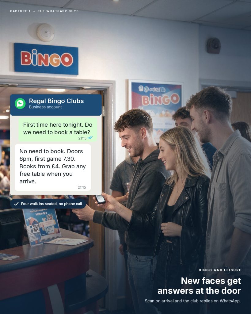 A bingo club answering a first-time visitor at the door on WhatsApp
