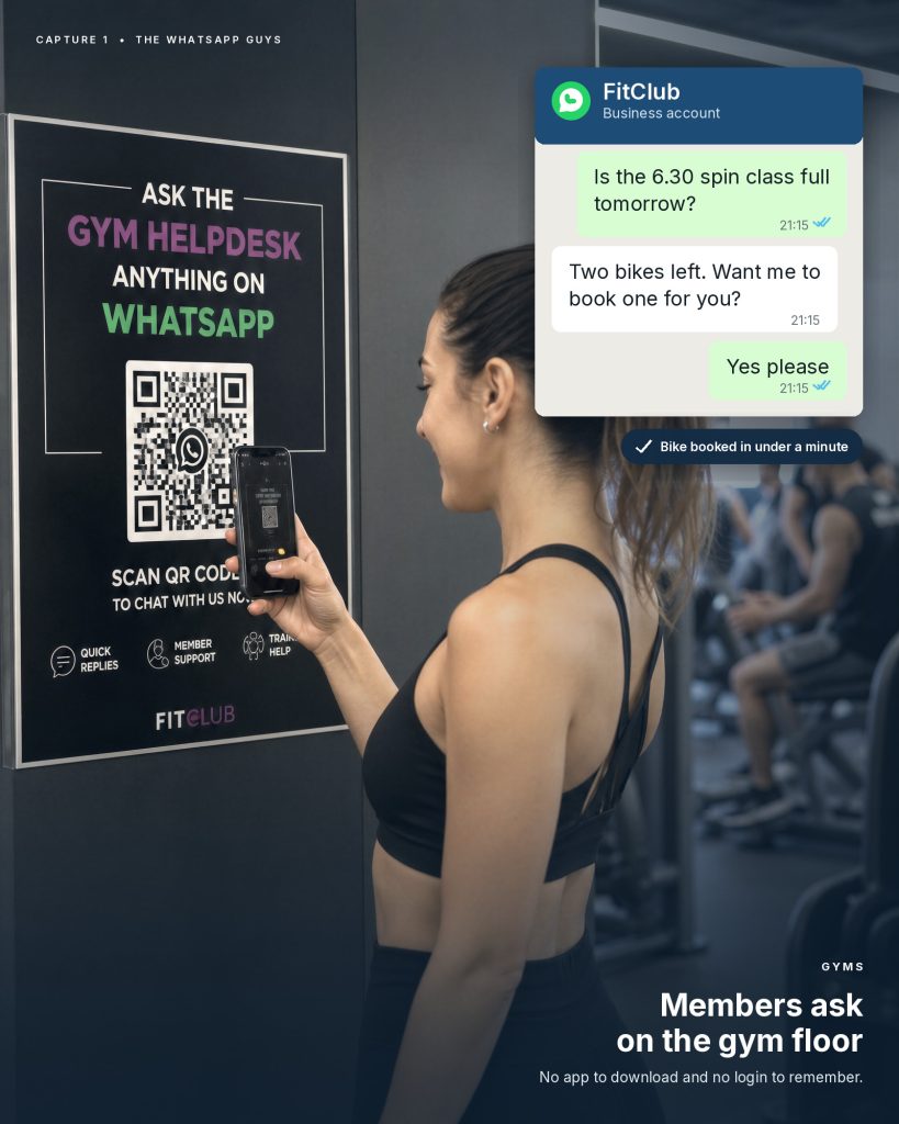 A gym member scanning a WhatsApp help desk poster