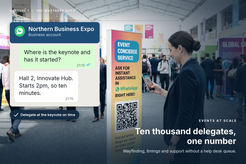 An event concierge service answering a delegate's keynote question on WhatsApp