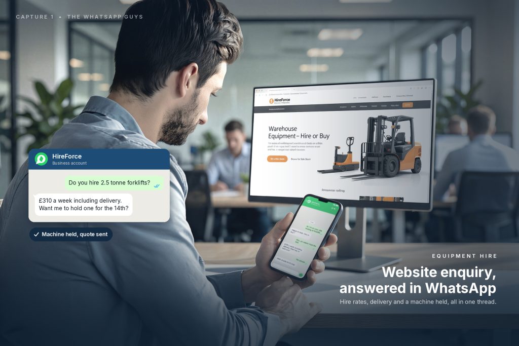 An equipment hire enquiry moving from the website into WhatsApp