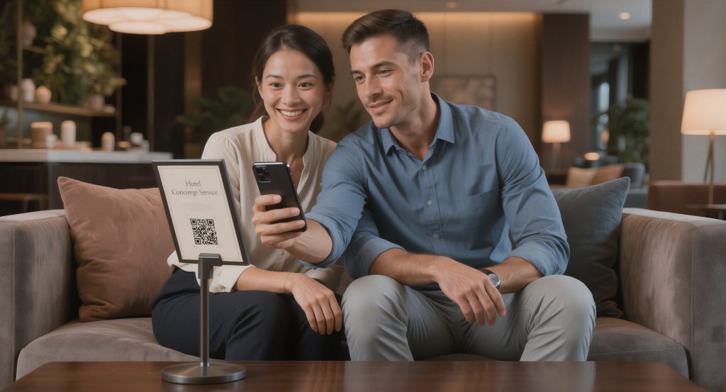 Hotel guests scanning a concierge QR code from the lounge