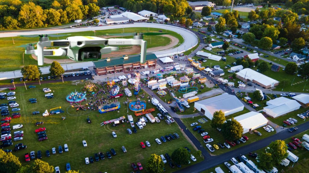 Aerial drone footage showing the scale of an outdoor event