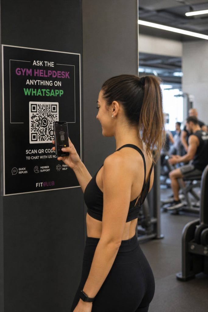 Gym member scanning a WhatsApp helpdesk poster