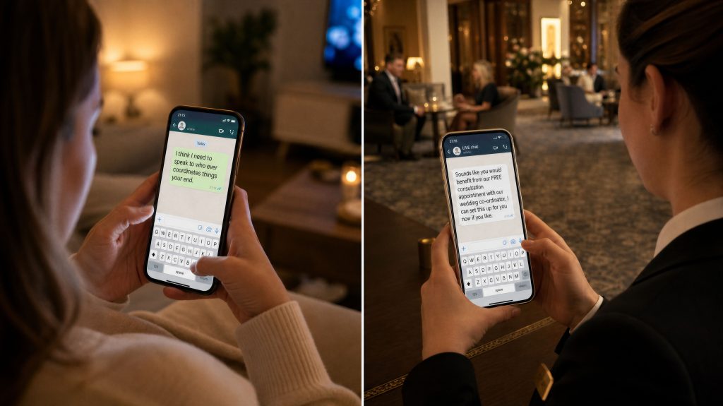 A customer messaging from home on the left and a hotel team member replying from the lounge on the right
