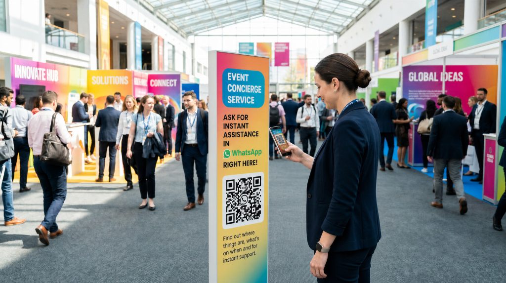 An attendee at an event information point asking a question on WhatsApp